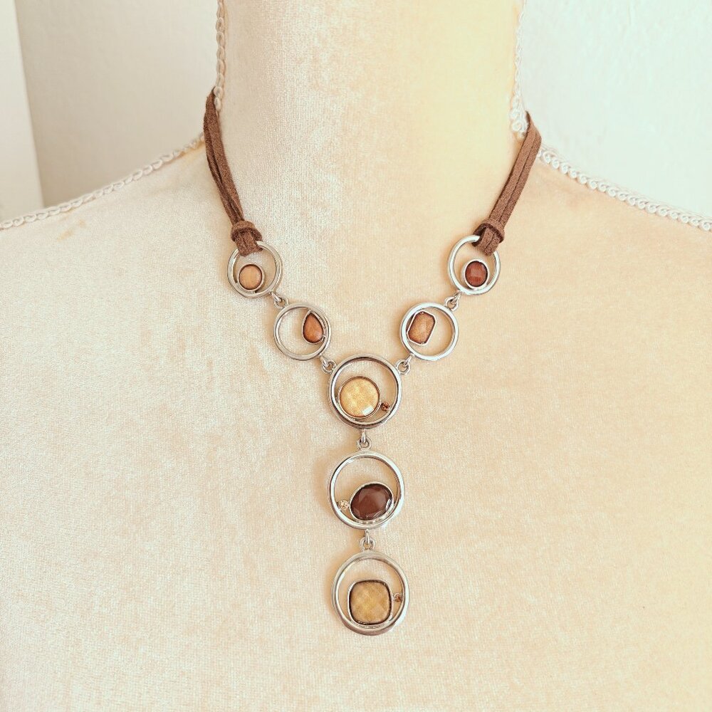 Lia Sophia Autumnal Colors Brown Corded Y Drop Crystal Contemporary Necklace